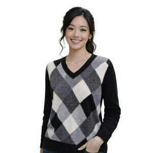 Apt. 9 Argyle V-Neck 100% Cashmere Sweater Womens Large Black Gray Red